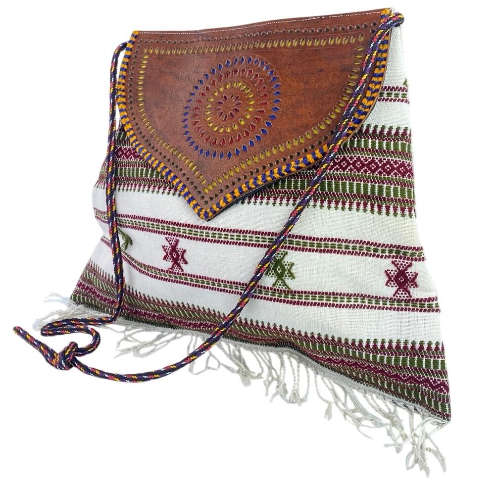 Women's Multicolor Brown Aztec Boho Fringe Ethnic Quilted Crossbody Handbag OS